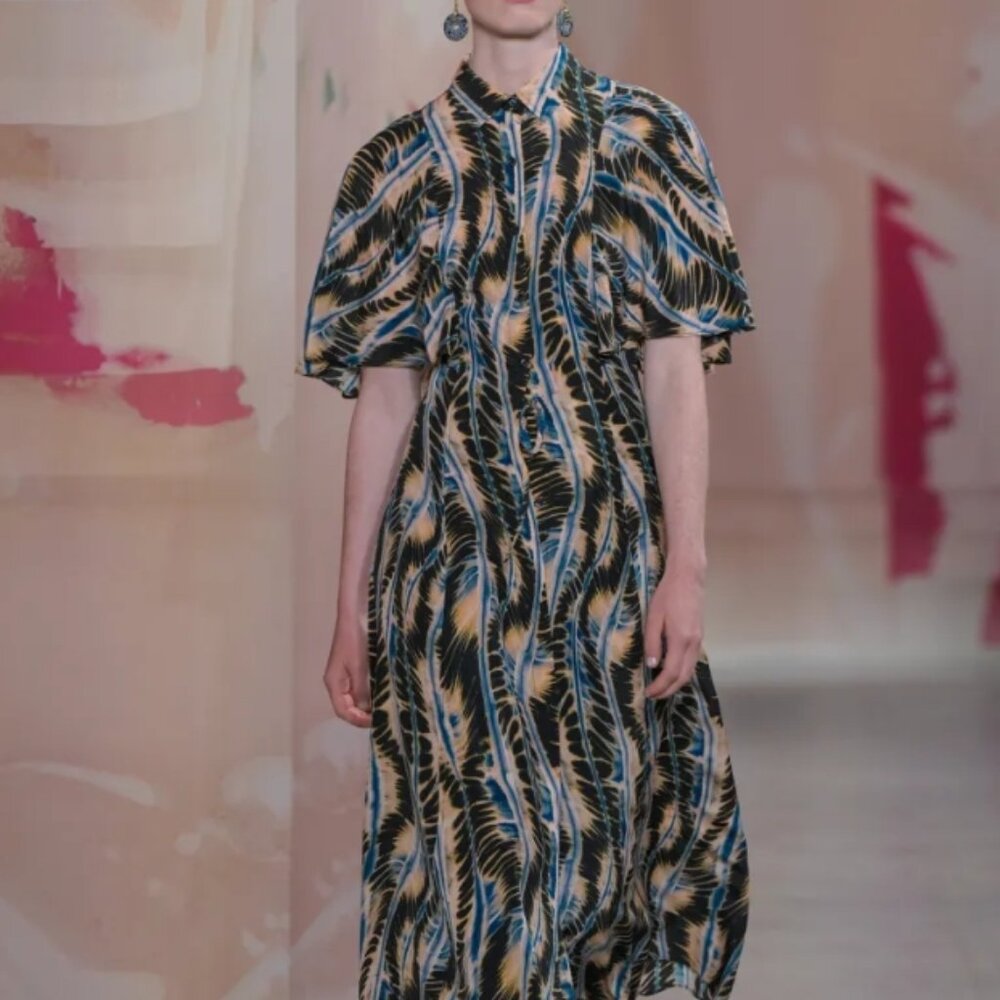 NWT SPRING 2025 ULLA JOHNSON Ines Puff Sleeves Silk Midi Dress in River S $690 - Picture 2 of 12